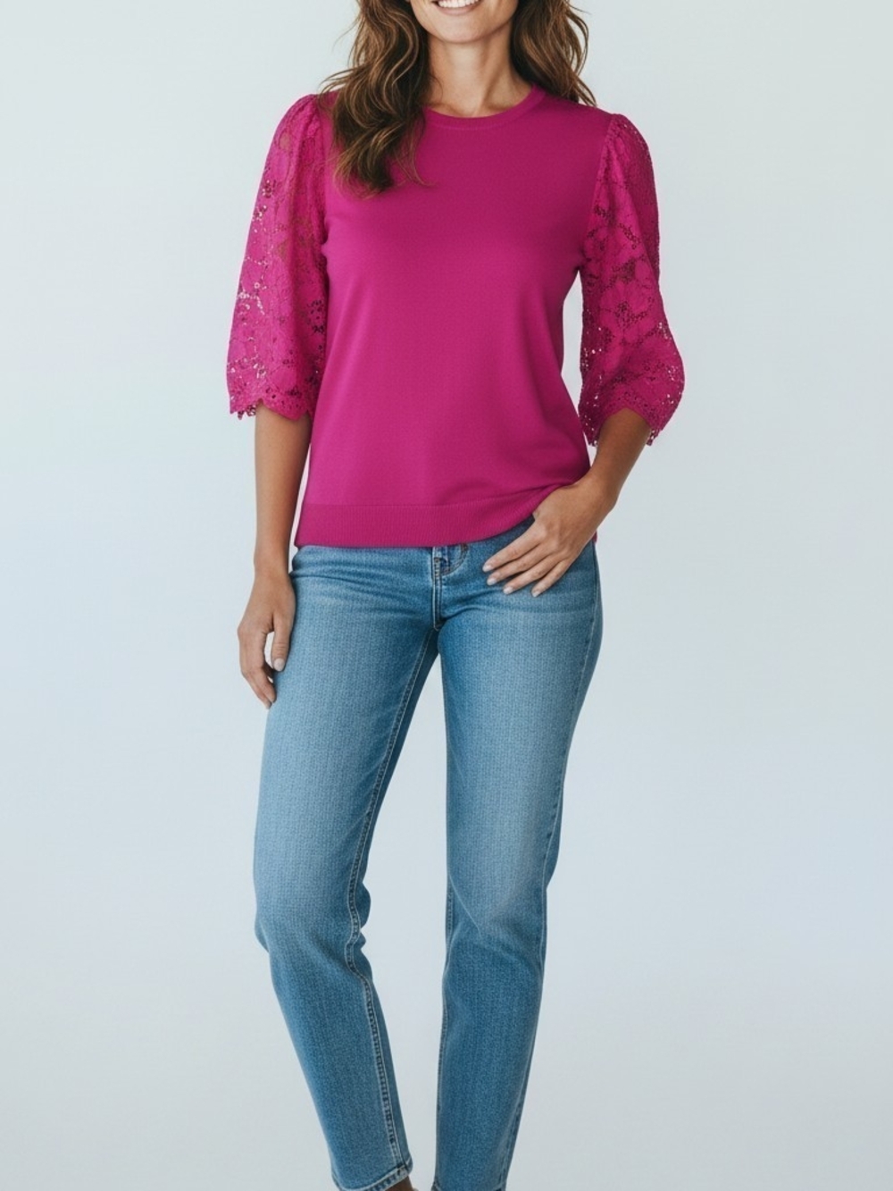 Ann Taylor Magenta Lace-Sleeve Top with Straight-Leg Jeans
